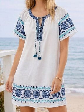 Vineyard Vines White Cotton Embroidered Boho Tunic Tassel Tie Dress, Sz Large